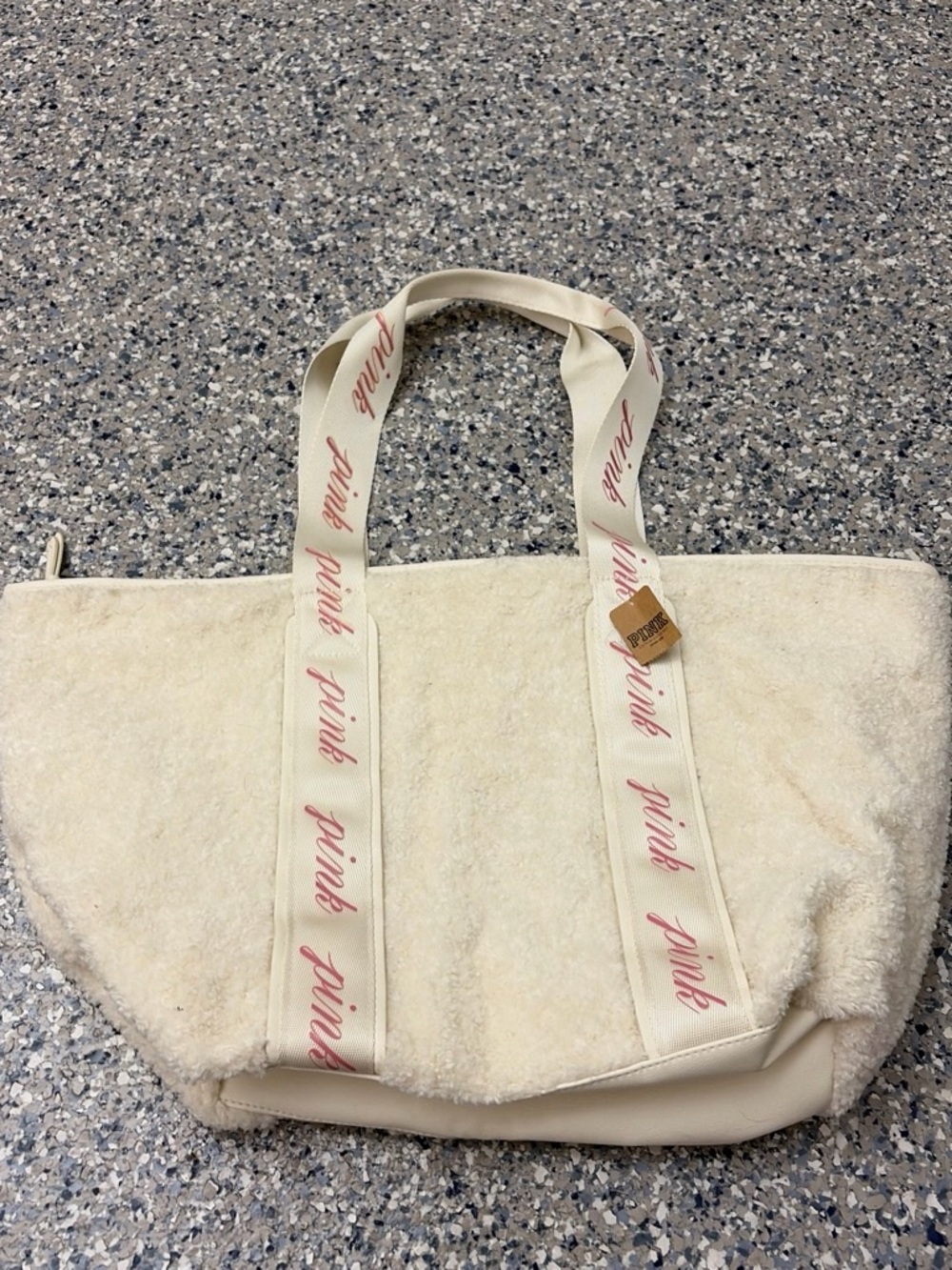 PINK Victoria's Secret Cream Sherpa Tote with Pink Branded Straps